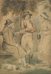 Three figures and a dog