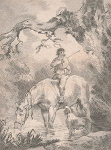 Lad astride a horse in a stream