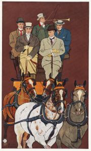Five men riding in a carriage drawn by four horses