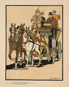 Four men riding on top of a carriage being drawn by four horses