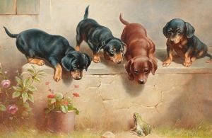 Curious dachshund puppies and a frog