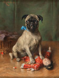 A Pug with a Japanese Doll