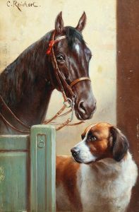 Friends, a bay and a St Bernard in a stable