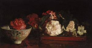 Flowers On A Japanese Tray On A Mahogany Table