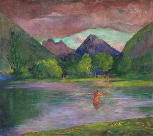 The Entrance to the Tautira River,Tahiti. Fisherman Spearing a Fish