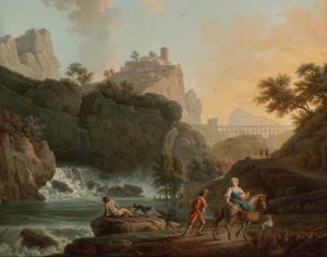 A Rocky Landscape With A fisherman And Travellers By A River With A Waterfall, An Aqueduct In The Distance