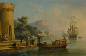 View of a Mediterranean port with a group of figures on the shore’s edge, a large ship beyond