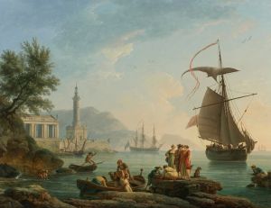 A Mediterranean Harbor At Sunset With Fisherfolk At The Water’s Edge, A Lighthouse And A Man Of War At Anchor In The Bay