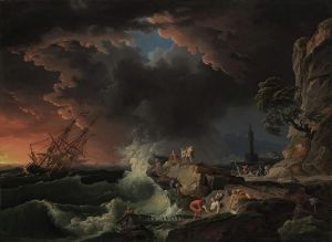 A shipwreck with figures coming ashore