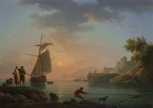 Mediterranean port at sunset, with a fisherman in the foreground