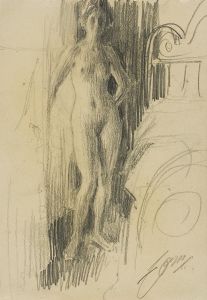 Nude Figure Standing Near a Bed