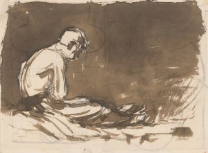 Sketch of a Man sitting Half-Naked from a Side View