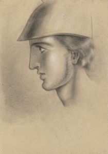 The head of a young man in a helmet