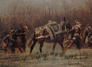 Scène militaire; mobiles conduisant des mulets d’ambulances