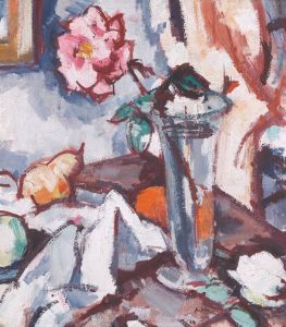 Pink Rose In Glass Vase With Fruit
