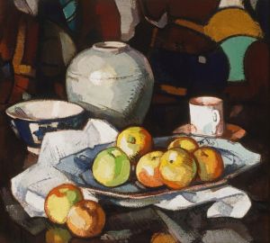 Still life; Apples and jar