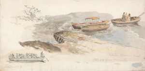 A Canopied Boat and Two Rowing Boats at a Jetty; Inset Left, a Pencil Study of the Tintern Livestock Ferry-boat