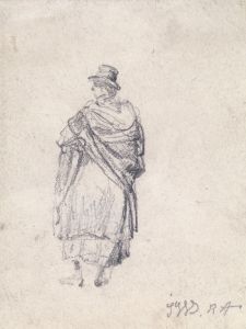 Back View of Country Woman in Hat and Shawl