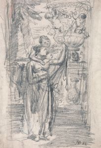Two Girls  on a Garden Terrace near an Ornamental Urn