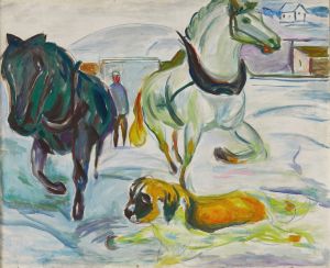 Horse Team and a St. Bernhard in the Snow