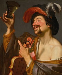 A merry violinist holding a roemer