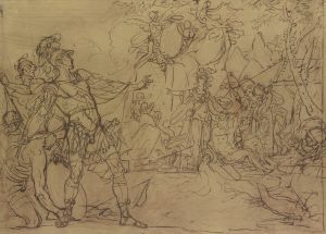 Ein junger Krieger ist im Begriff, ein Lager anzugreifen, Minerva verwehrt es ihm, sie ist umgeben von Wappen tragenden Nymphen und Amoretten