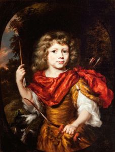 Portrait of a Boy with a Bow and a Dog