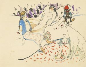 Femme avec son chien et nu