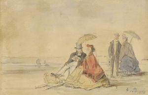 A Couple Seated and a Couple Walking on the Beach
