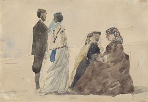 Two Ladies Seated and a Couple Walking on the Beach