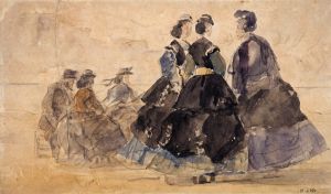 Femme assise et divers personnages au bord de la mer
