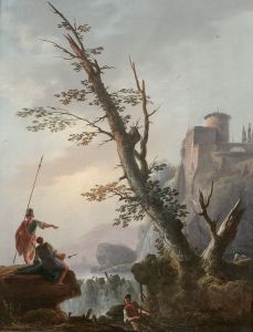 Soldats et pêcheurs dans un paysage de cascade