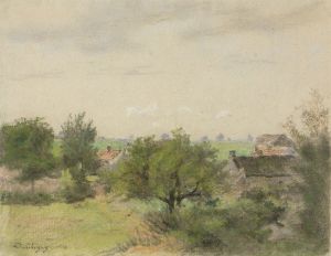 Landschaft mit Häusern zwischen Bäumen