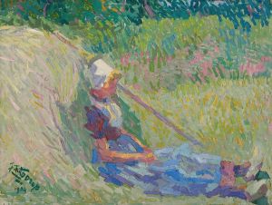 Girl resting against a haystack