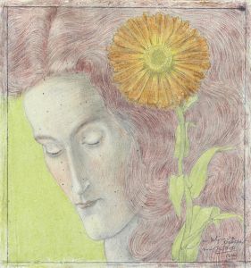 Vrouwenkop met rossig haar en Chrysant