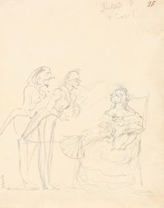 Two Gentlemen Talking to a Seated Lady