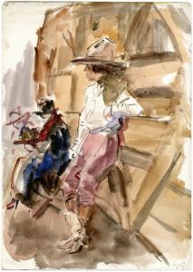 Circusstudie: vrouw in cowboykledij bij schutting