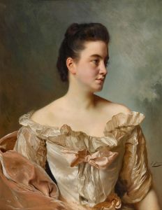 A portrait of a lady in pink