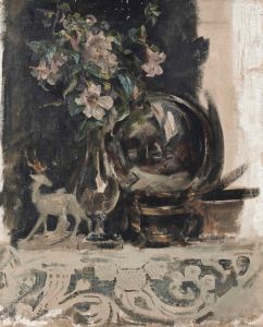 Still life of flowers, a statue and a globe on a mantelpiece