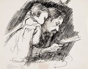 The father reads to the child