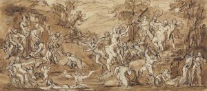 Figure Study of a Bacchanalia Celebration in a Wooded Landscape.