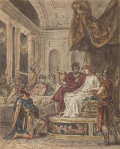 Banquet Scene, with a Roman Soldier Kneeling to a Famale Figure Sitting on a Throne