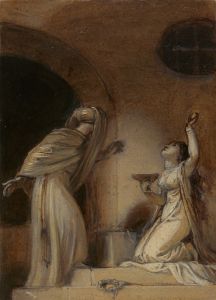 Illustration for an Eastern Romance, possibly ‘The Arabian Nights’, with Kneeling Female Figure at Right)