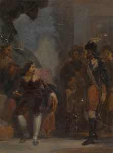 Man Seated while Speaking to a Soldier Who is Standing