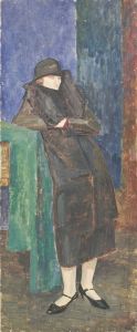 Stehende Dame mit Pelzkragen und schwarzem Hut