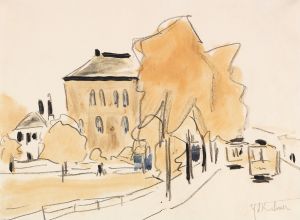 Stadtlandschaft mit zwei Straßenbahnen
