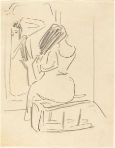 A Woman Combing Her Hair in Front of a Mirror