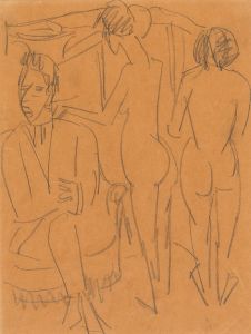 Mann und zwei Akte im Atelier