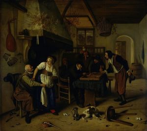 Interior of an inn with an old man amusing himself with the landlady and two men playing backgammon, known as ‘Two kinds of games’