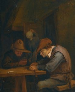 Peasants drinking and cutting tobacco in an inn